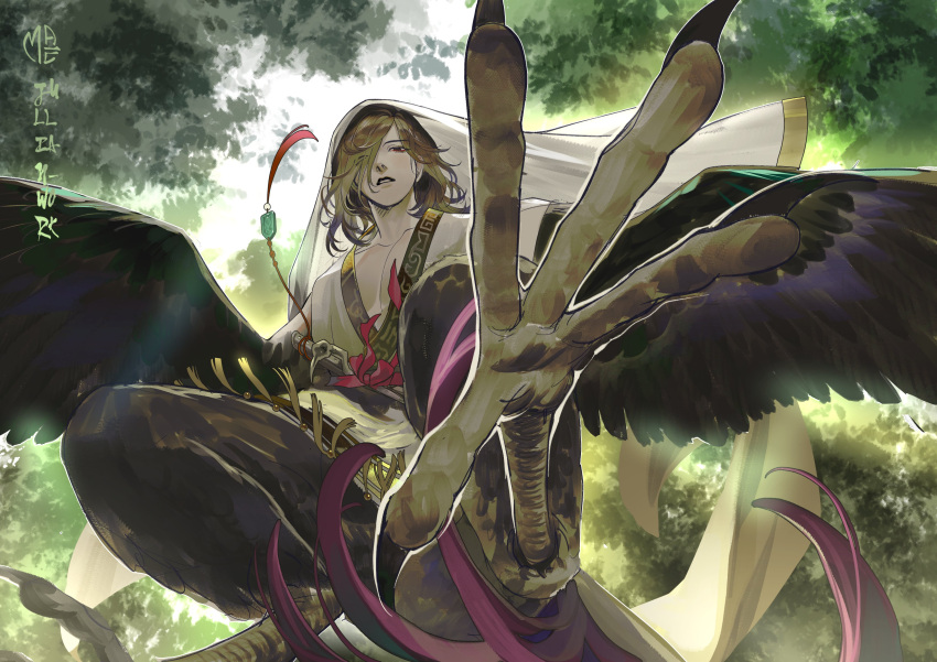 1boy absurdres artist_name bird_legs bird_wings brown_feathers brown_hair brown_wings chinese_clothes feathers feet foot_focus foot_out_of_frame from_below getian_(reverse:1999) hair_over_one_eye hanfu harpy_boy head_scarf highres jade_(gemstone) jullian_work long_hair looking_at_viewer looking_down male_focus monster_boy one_eye_covered outstretched_arms reverse:1999 short_sleeves sky solo spread_arms tassel tree white_sky winged_arms wings
