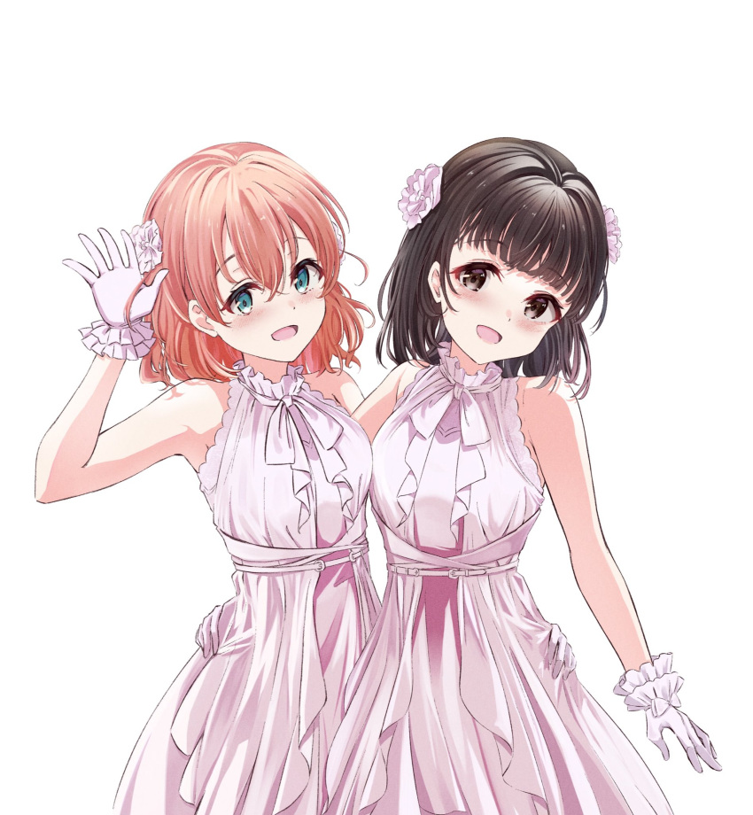 2girls :d animification aqua_eyes black_eyes black_hair blunt_bangs blush breasts commentary_request cowboy_shot crossed_bangs dress frilled_gloves frills frontrivers_kae gloves hand_on_another's_hip hand_up highres hinoshita_kaho link!_like!_love_live! looking_at_viewer love_live! medium_breasts medium_hair multiple_girls nirei_nozomi open_mouth orange_hair pink_dress simple_background sleeveless sleeveless_dress smile two_side_up voice_actor voice_actor_connection white_background white_gloves
