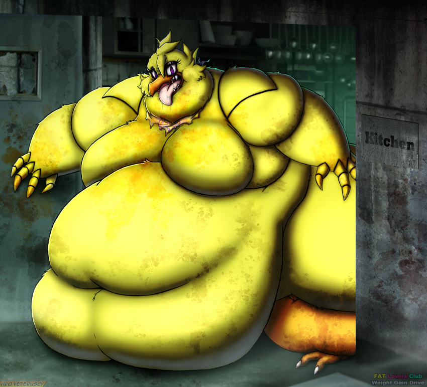 2024 absurd_res animatronic anthro avian beak belly belly_expansion bib big_belly big_breasts bird bodily_fluids breasts chica_(fnaf) chicken deep_navel digital_media_(artwork) drooling english_text expansion feathers featureless_breasts female fingers five_nights_at_freddy's food galliform gallus_(genus) hi_res huge_belly huge_breasts huge_thighs machine messy morbidly_obese morbidly_obese_anthro morbidly_obese_female navel obese obese_anthro obese_female open_mouth overweight overweight_anthro overweight_female phasianid pink_eyes robot saliva scottgames solo stuffing teeth text thick_thighs tongue tongue_out torn_bib viroveteruscy weight_gain weight_gain_drive yellow_body yellow_feathers