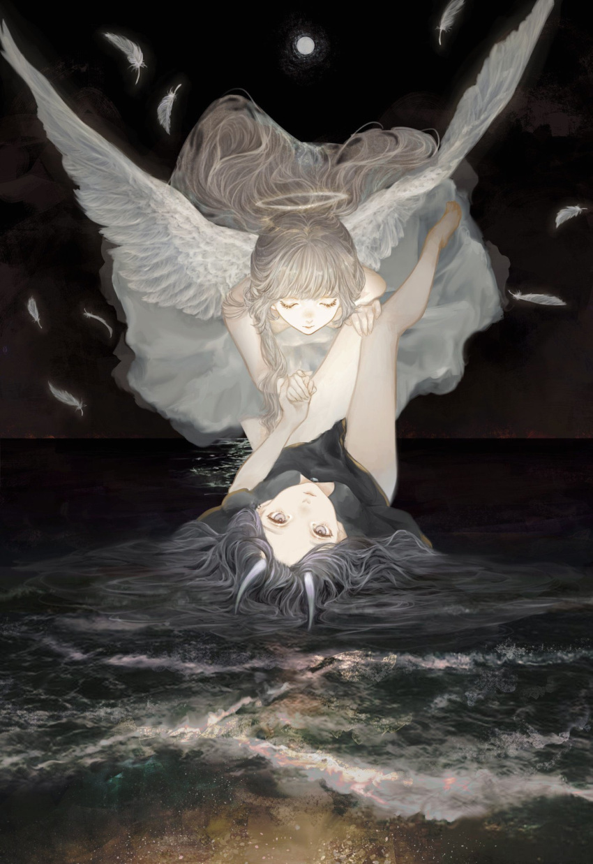 2girls angel angel_wings barefoot beach black_dress closed_eyes dress expressionless feathered_wings feathers grey_hair halo highres holding_hands horizon horns long_hair looking_at_viewer multiple_girls night original shirone_(coxo_ii) sky water white_dress white_wings wings