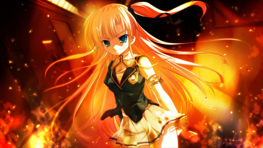 1girl bandaged_arm bandages black_ribbon blonde_hair blue_eyes fire game_cg highres injury long_hair non-web_source official_art pleated_skirt ribbon root_double_-before_crime_after_days- sannomiya_louise_yui skirt torn_clothes vest