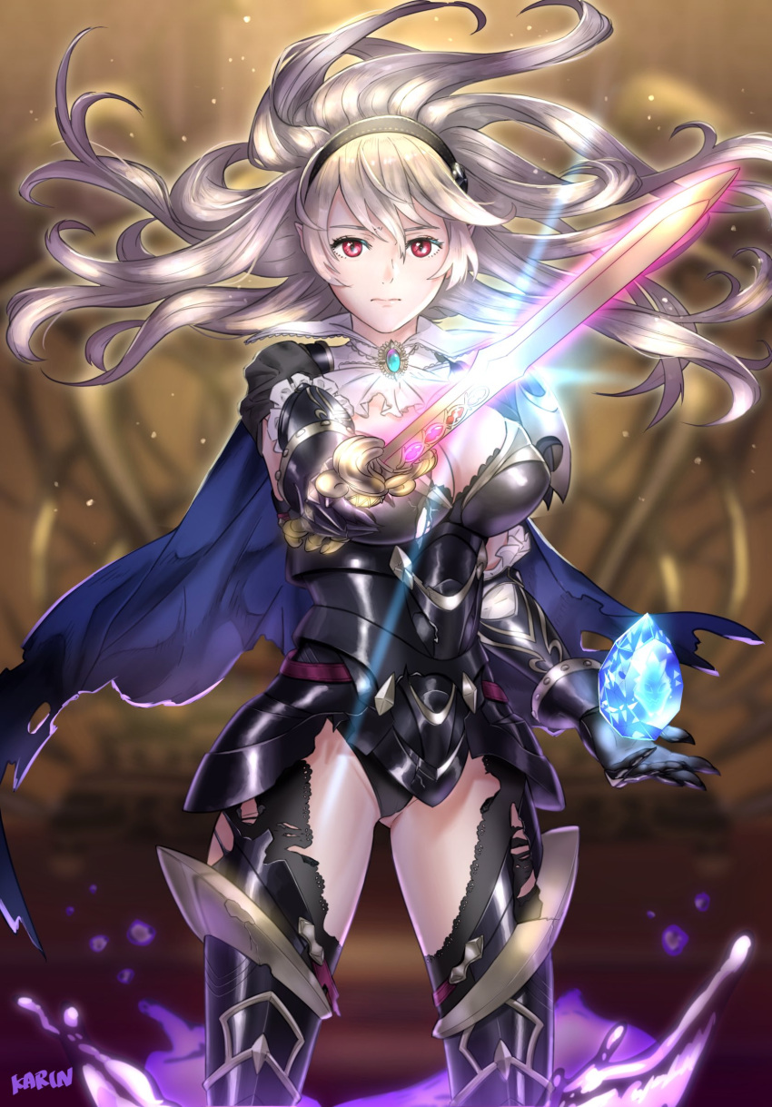 1girl 6nutqd2kwd0iqcl absurdres armor armored_leotard artist_name ascot black_armor black_hairband black_thighhighs blue_cape breasts brooch cape cleavage closed_mouth commentary corrin_(female)_(fire_emblem) corrin_(female)_(nohr_noble)_(fire_emblem) corrin_(fire_emblem) dragonstone english_commentary fire_emblem fire_emblem_fates fire_emblem_heroes floating_hair gem glowing glowing_sword glowing_weapon grey_hair hairband highres holding holding_sword holding_weapon jewelry large_breasts long_hair looking_at_viewer official_alternate_costume pointy_ears red_eyes solo sword thighhighs torn_cape torn_clothes weapon white_ascot yato_(fire_emblem)