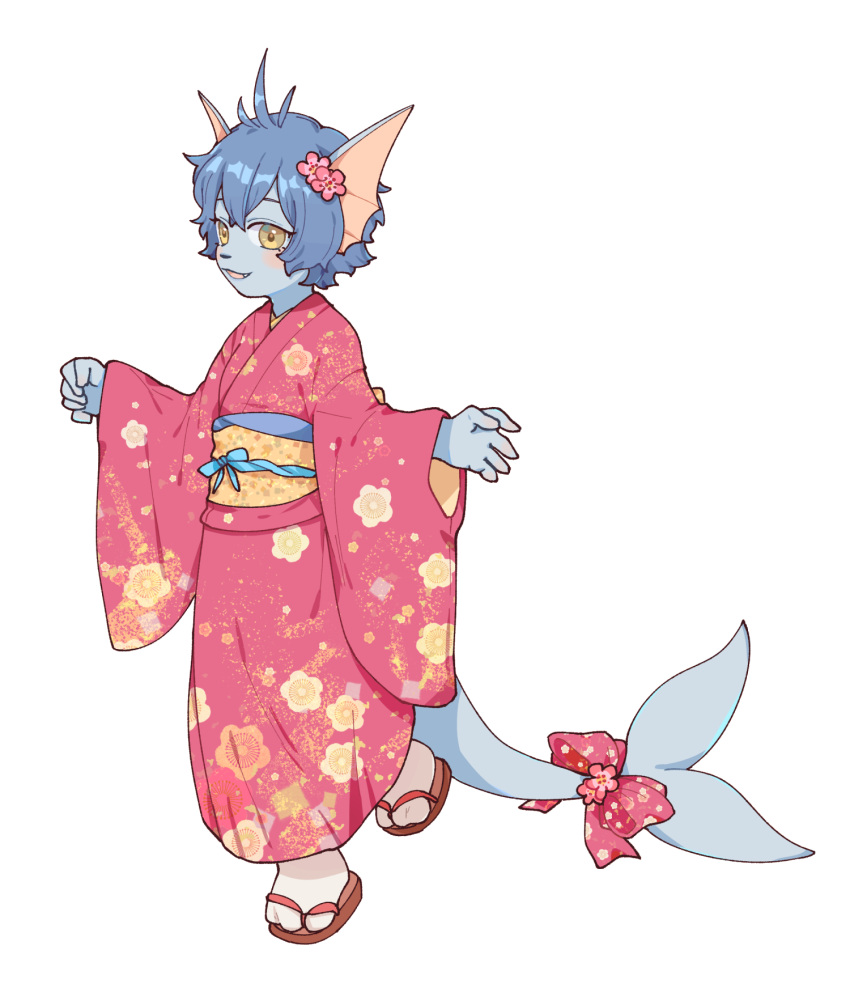 3_toes 5_fingers alpha_channel anthro asian_clothing black_nose blue_body blue_hair bow_ribbon clothing east_asian_clothing eeveelution feet female fin fingers flower footwear generation_1_pokemon hair hi_res japanese_clothing kimono nintendo open_mouth plant pokemon pokemon_(species) robe ruka_vaporeon sandals simple_background socks solo toes transparent_background unknown_artist vaporeon yellow_eyes