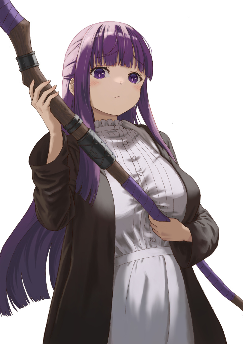 1girl absurdres black_robe blush breasts closed_mouth cowboy_shot dress fern_(sousou_no_frieren) highres holding holding_staff jacket large_breasts long_hair long_sleeves looking_at_viewer open_clothes open_jacket purple_eyes purple_hair robe satoshiy83 simple_background solo sousou_no_frieren staff standing straight_hair weapon white_background white_dress