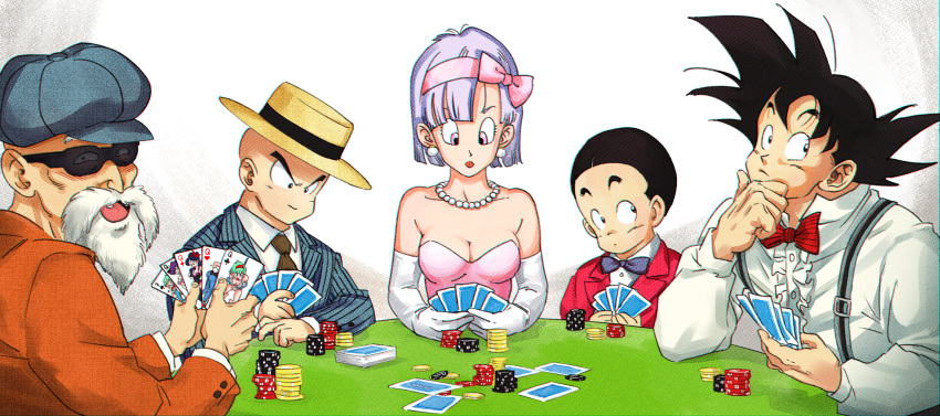 1girl 4boys amachu_a bald bead_necklace beads beard black_eyes black_hair black_necktie blue_bow blue_bowtie bow bowtie breasts bulma card cleavage commentary dragon_ball dragon_ball_z dress earrings elbow_gloves english_commentary facial_hair gloves hairband head_rest highres holding holding_card jacket jewelry kuririn lunch_(dragon_ball) lunch_(good)_(dragon_ball) medium_breasts multiple_boys muten_roushi necklace necktie old old_man pink_eyes pink_hairband poker_chip poker_table purple_hair son_gohan son_goku strapless strapless_dress striped_bow striped_bowtie striped_clothes striped_jacket suit suit_jacket sunglasses suspenders table thinking white_gloves