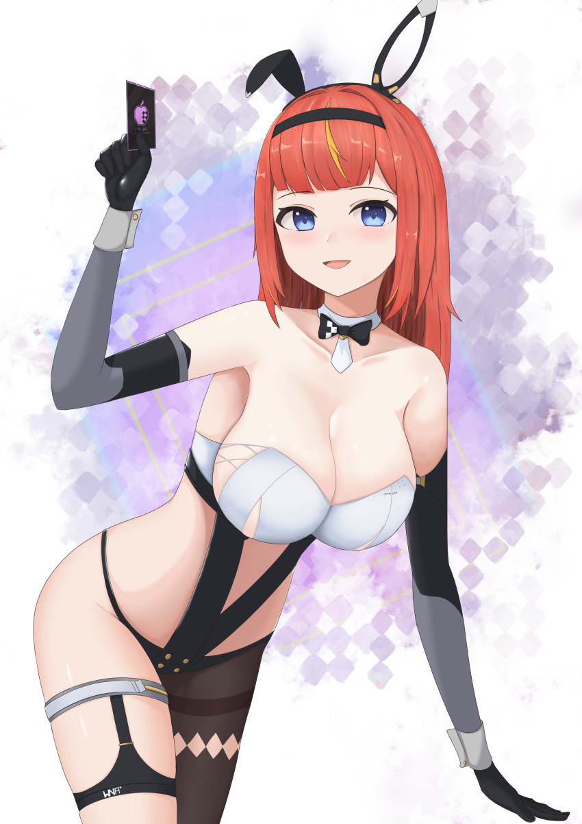 1girl :d absurdres arm_up bare_shoulders black_bow black_bowtie black_gloves blonde_hair blue_eyes bow bowtie breasts brown_pantyhose card cleavage collarbone detached_sleeves gloves grey_sleeves groin highres holding holding_card large_breasts long_hair long_sleeves looking_at_viewer multicolored_hair orange_hair pantyhose sato_art single_leg_pantyhose smile snowbreak:_containment_zone solo streaked_hair tess_kotkin thighband_pantyhose white_background