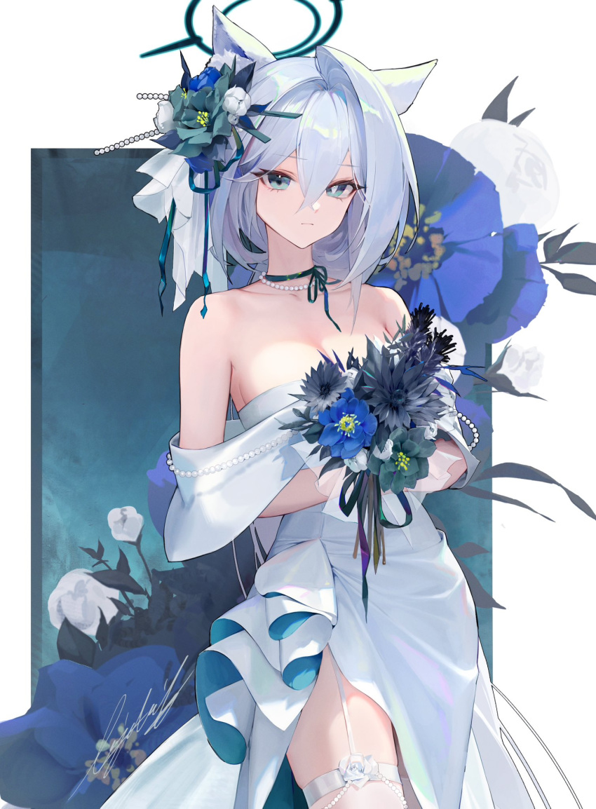 1girl animal_ears bead_necklace beads black_flower blue_archive blue_eyes blue_flower bouquet breasts cleavage closed_mouth cowboy_shot dark_halo dress flower grey_hair hair_between_eyes halo highres holding holding_bouquet jewelry lizchief long_hair looking_at_viewer medium_breasts mismatched_pupils necklace off-shoulder_dress off_shoulder shiroko_(blue_archive) shiroko_terror_(blue_archive) signature solo white_dress wolf_ears