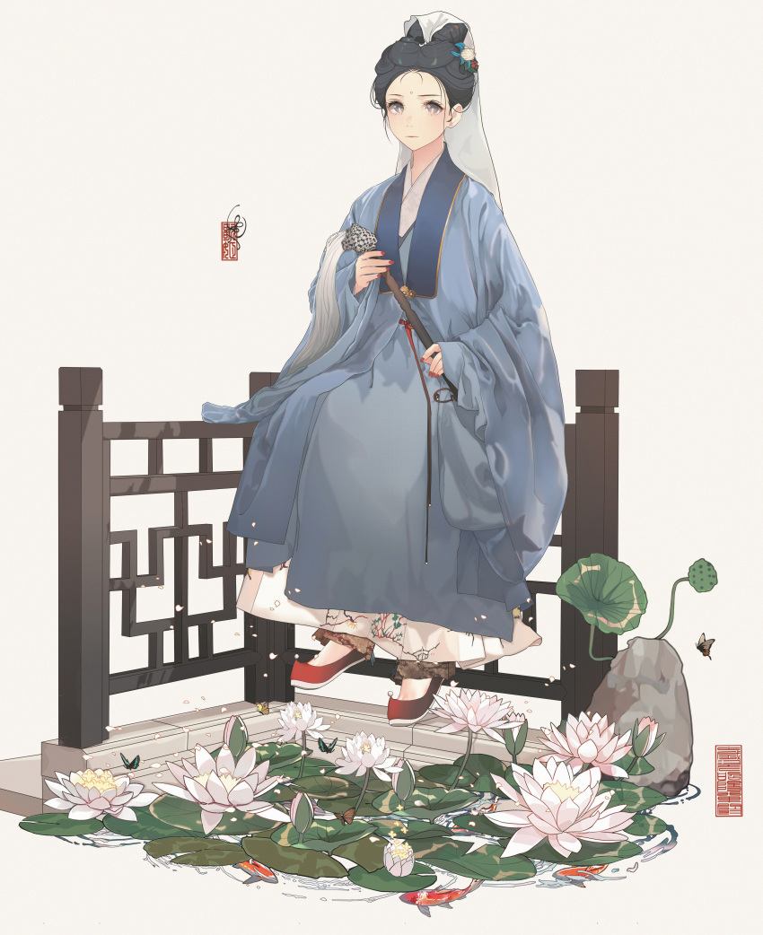 1girl absurdres anata_no_utahime_(lzr13708949567) black_hair bug butterfly chinese_clothes chinese_text closed_mouth dress duijin_ruqun flower full_body fuzi hair_bun hair_ornament hanfu highres holding koi lily_pad long_sleeves looking_at_viewer lotus red_footwear rock shawl shoes simple_background sitting solo white_background white_flower wide_sleeves