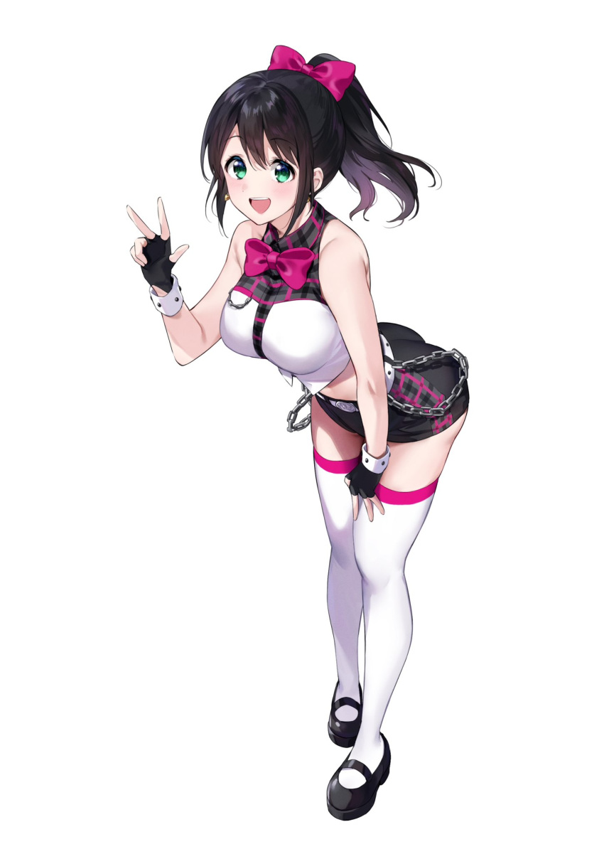 1girl :d bare_shoulders belt black_footwear black_gloves black_hair black_shirt black_shorts bow bowtie breasts chain collared_shirt commentary_request crop_top earrings fingerless_gloves gloves green_eyes hair_bow hand_on_own_thigh heart heart_earrings highres hyoudou_sayuri idol_clothes jewelry large_breasts leaning_forward looking_at_viewer love_live! love_live!_school_idol_festival mary_janes midriff nanatsu_no_umi pink_bow pink_bowtie pink_shirt pink_thighhighs plaid plaid_shirt plaid_shorts ponytail raised_eyebrows shirt shoes short_shorts shorts sidelocks sleeveless sleeveless_shirt smile solo standing teeth thighhighs upper_teeth_only w white_background white_belt white_shirt white_thighhighs white_wrist_cuffs wrist_cuffs