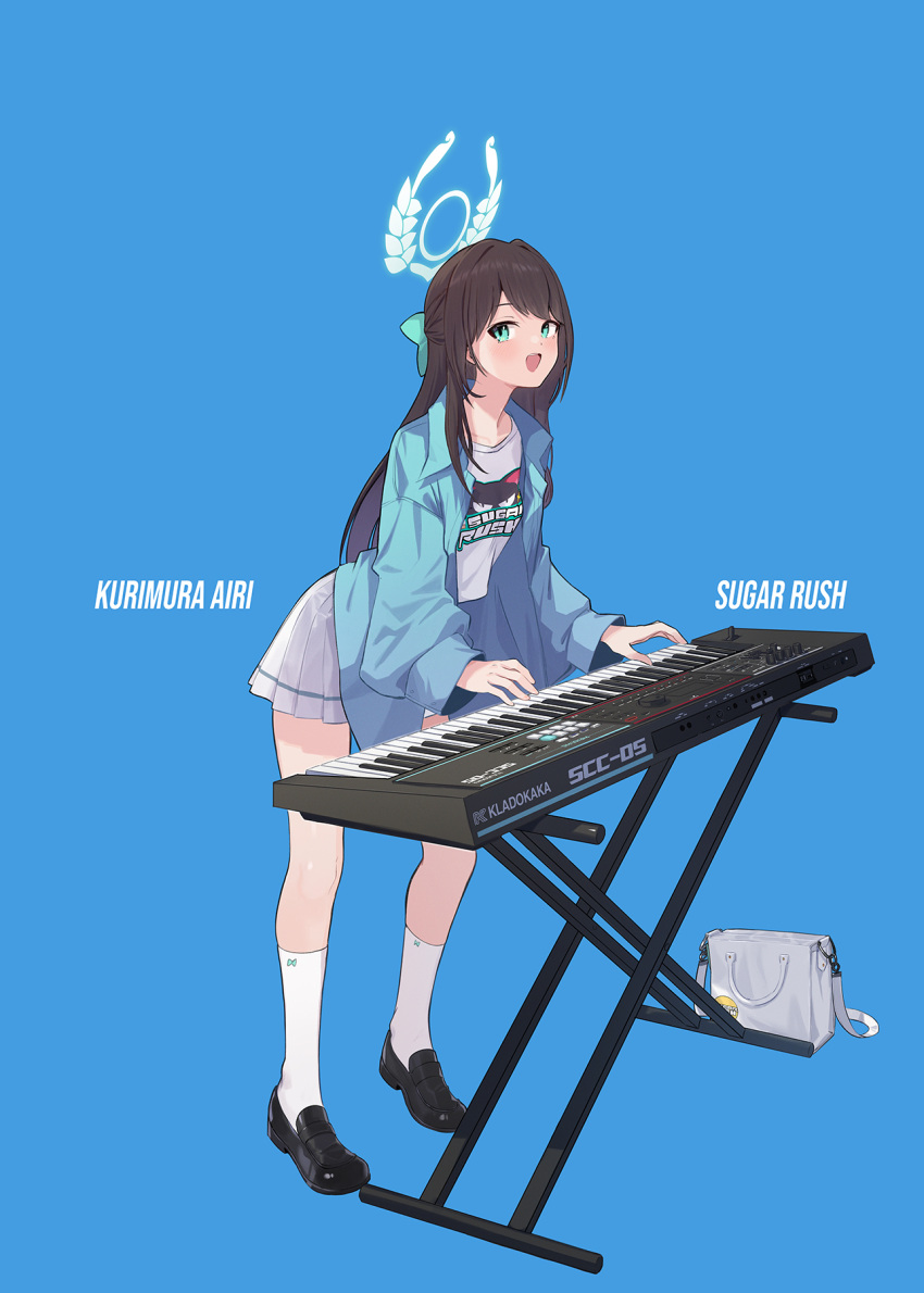 1girl airi_(band)_(blue_archive) airi_(blue_archive) black_footwear black_hair blue_archive blue_background blue_jacket blush character_name full_body green_eyes green_halo halo highres instrument jacket keyboard_(instrument) long_hair long_sleeves official_alternate_costume open_clothes open_jacket open_mouth pleated_skirt ranyu shirt shoes skirt smile socks solo white_shirt white_skirt white_socks