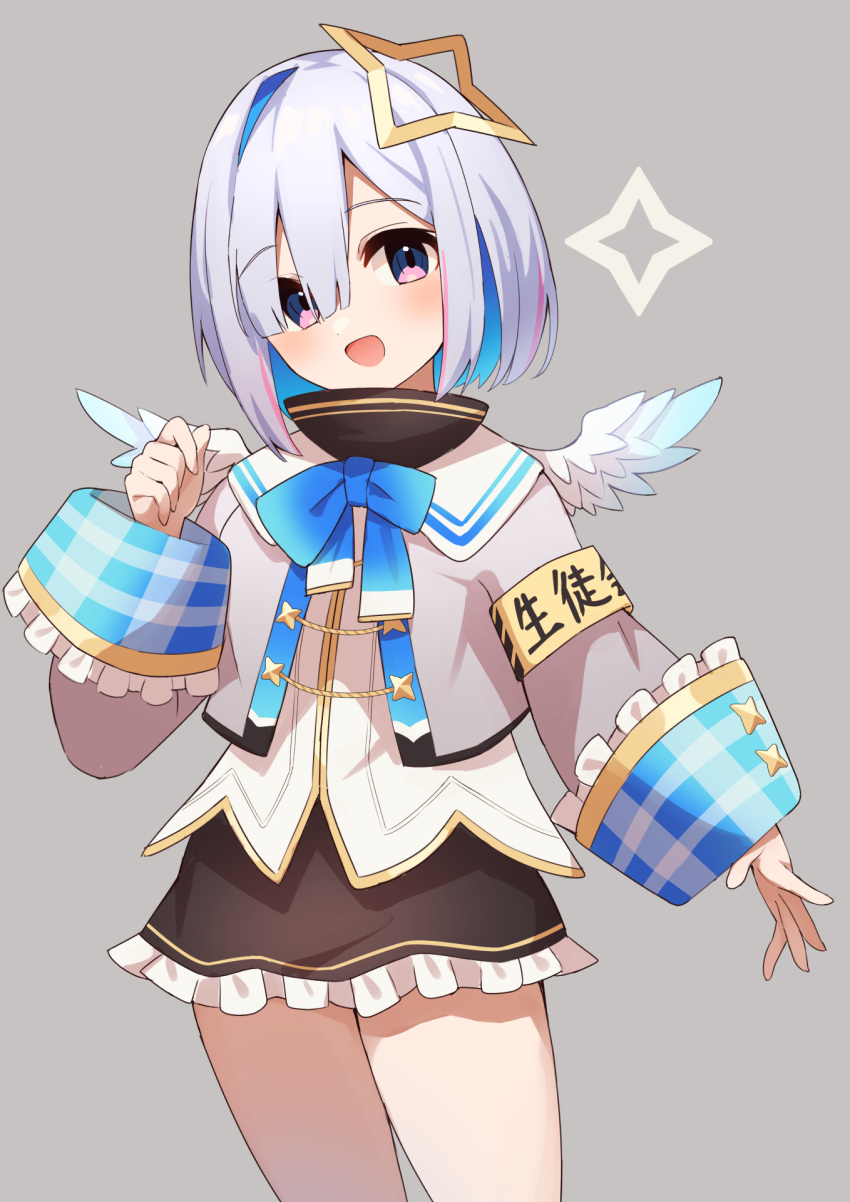 1girl amane_kanata amane_kanata_(1st_costume) angel_wings armband asymmetrical_bangs asymmetrical_hair black_skirt blue_bow blue_bowtie blue_hair blue_wings blush bob_cut bow bowtie colored_inner_hair commentary cowboy_shot cropped_jacket feathered_wings fragir frilled_skirt frills gradient_wings grey_background grey_hair grey_jacket hair_over_one_eye halo hand_up highres hololive jacket long_sleeves looking_at_viewer mini_wings miniskirt multicolored_hair multicolored_wings open_mouth pink_hair purple_eyes sailor_collar shirt short_hair simple_background single_hair_intake skirt sleeve_cuffs smile solo standing star_halo streaked_hair turtleneck virtual_youtuber white_shirt white_wings wide_sleeves wings yellow_halo