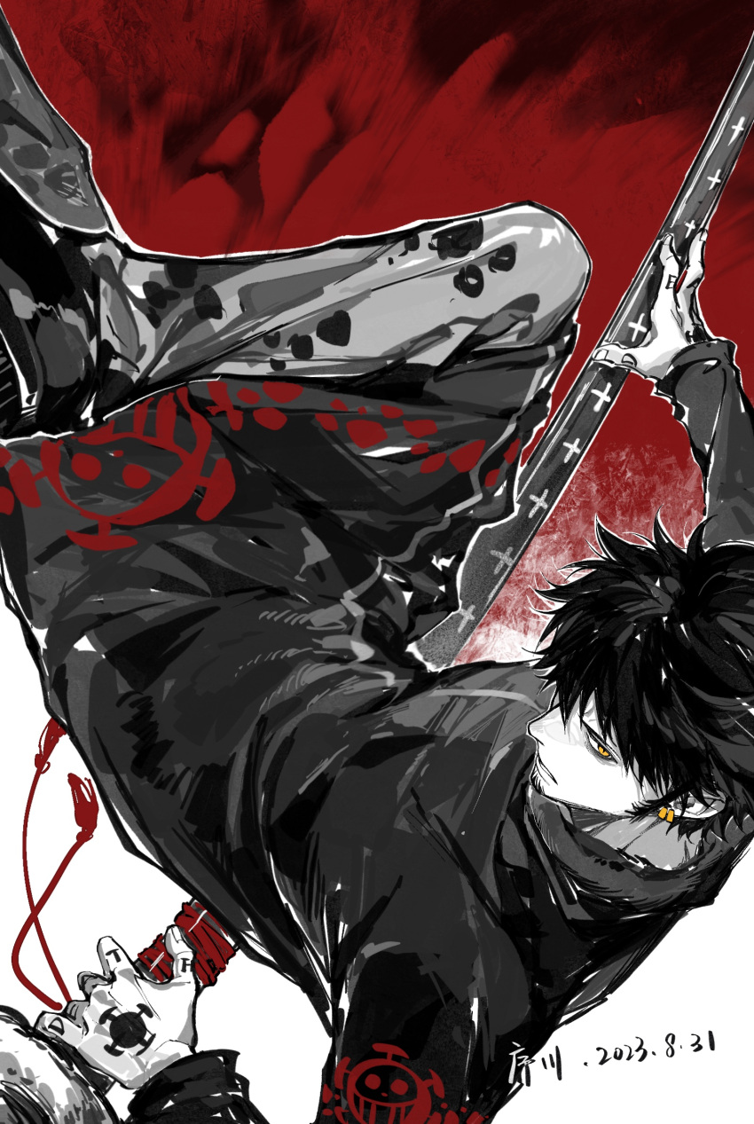 1boy 2023 black_hair boots coat dated denim earrings facial_hair finger_tattoo hand_tattoo heart_pirates_jolly_roger highres holding holding_sword holding_weapon jeans jewelry jyukawa katana long_coat male_focus one_piece pants parted_lips short_hair solo sword tattoo teeth trafalgar_law weapon yellow_eyes