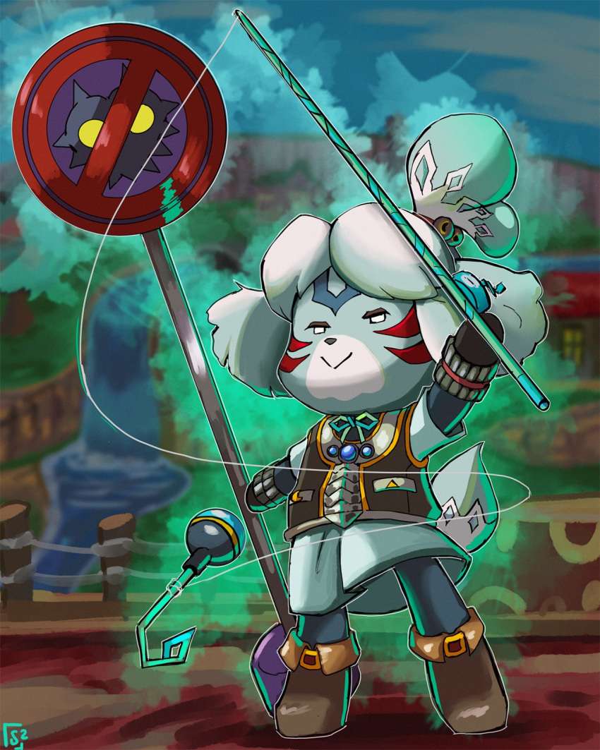 alternate_color alternate_costume alternate_eye_color alternate_hair_color alternate_weapon animal_crossing armor aura blue_gemstone boots bow bowtie chest_jewel cloud cloudy_sky corruption crescent crossover dark_persona dog_girl dual_wielding evil_smile eyelashes eyeshadow facial_tattoo fierce_deity fishing_hook fishing_rod gem glowing hairband highres holding holding_fishing_rod isabelle_(animal_crossing) looking_to_the_side majora_(entity) makeup nintendo outdoors ponytail possessed road_sign sign sky smile standing stoic_seraphim stop stop_sign super_smash_bros. tail tattoo the_legend_of_zelda the_legend_of_zelda:_majora's_mask triangle weapon white_eyes white_hair wrist_guards