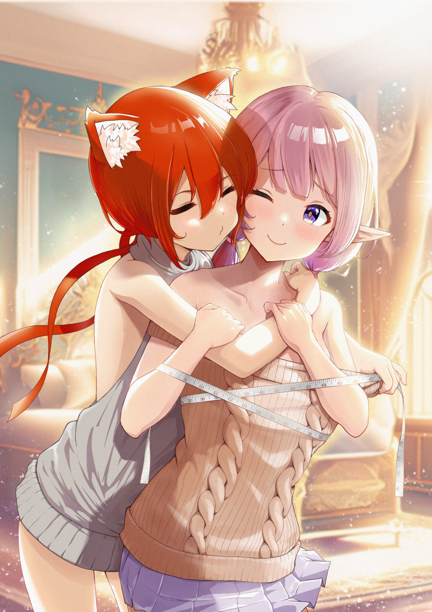 2girls ;) absurdres animal_ear_fluff animal_ears aran_sweater arm_around_neck bare_arms bare_shoulders blurry blurry_background blush brown_sweater cable_knit closed_eyes closed_mouth collarbone commentary_request cowboy_shot day grey_sweater hair_between_eyes hands_on_another's_arm heads_together highres illustrator_thunderbird indoors light_particles long_hair looking_at_another meme_attire miniskirt multiple_girls no_pants off_shoulder one_eye_closed original pink_hair pleated_skirt pointy_ears puckered_lips purple_eyes purple_skirt red_hair skirt sleeveless sleeveless_sweater smile standing sunlight sweater tape_measure virgin_killer_sweater yuri