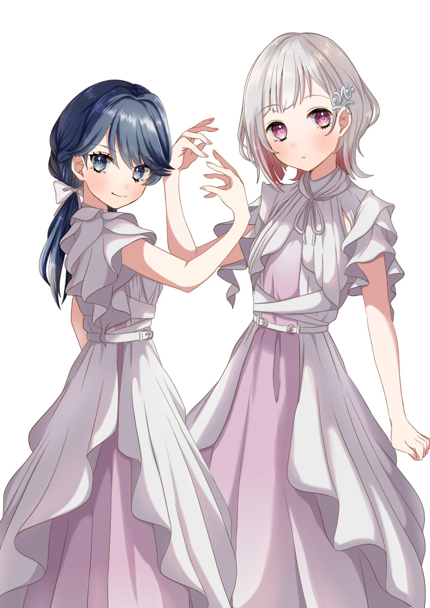 2girls blue_eyes blue_hair bob_cut bow closed_mouth colored_inner_hair commentary_request cowboy_shot dark_blue_hair dollchestra dress eyes_visible_through_hair frilled_dress frills grey_hair hair_bow hair_ornament hairclip hand_up highres inverted_bob layered_dress link!_like!_love_live! link_to_the_future_(love_live!) long_hair looking_at_viewer love_live! low_twintails multicolored_hair multiple_girls murano_sayaka natsu_(natsukikenken) neck_ribbon pink_dress red_eyes red_hair ribbon short_hair short_sleeves simple_background smile split_mouth streaked_hair twintails two-tone_dress virtual_youtuber white_background white_bow white_dress white_ribbon yugiri_tsuzuri