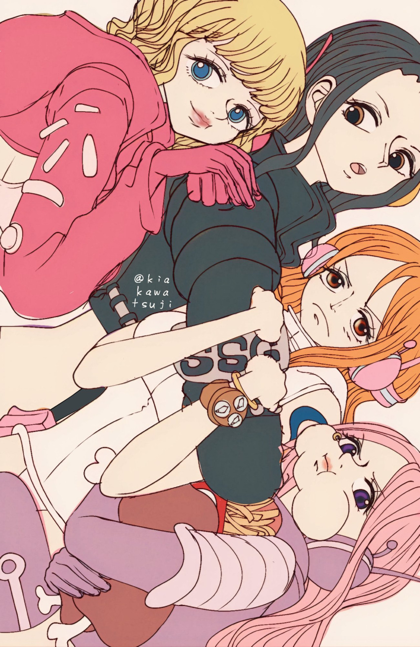 4girls arm_tattoo black_hair black_jacket blonde_hair blue_eyes blunt_bangs brown_eyes commentary_request cropped_jacket food gloves hands_on_another's_shoulders headphones highres holding holding_food hug jacket jewelry_bonney kiakawatsuji leotard log_pose long_sleeves looking_at_another looking_at_viewer meat multiple_girls nami_(one_piece) nico_robin one_piece open_mouth orange_eyes orange_hair pink_gloves pink_hair pink_leotard purple_eyes sidelocks smile stussy_(one_piece) tattoo twitter_username white_leotard