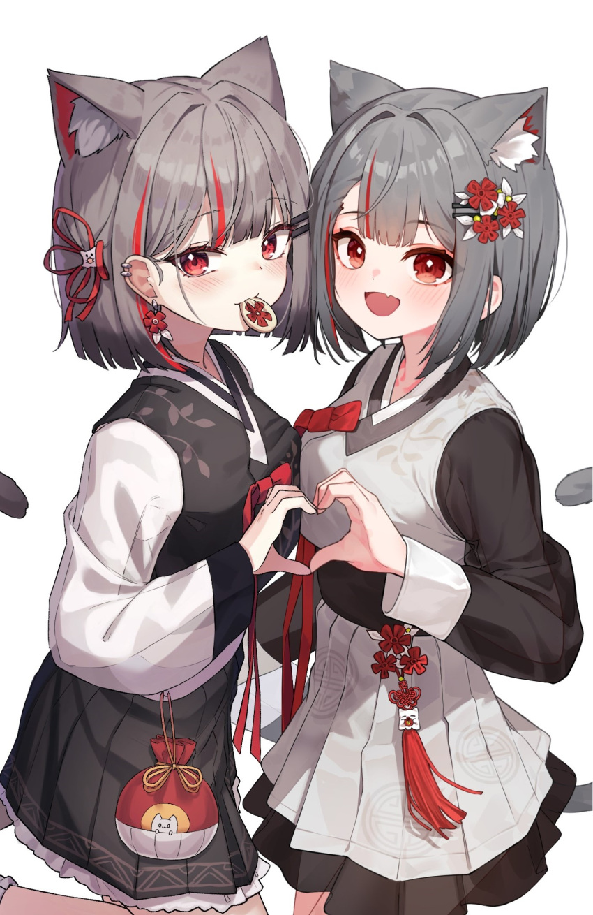 2girls :d animal_ears black_dress black_shirt blunt_ends breast_press breasts cat_ears cat_girl cat_tail dress dual_persona ear_piercing earrings fang firehippo grey_hair heart heart_hands highres jewelry lkjun_(jg010118) long_sleeves looking_at_viewer medium_breasts mouth_hold multicolored_hair multiple_girls neneko_mashiro open_mouth piercing pinafore_dress pleated_dress red_eyes red_hair see-through see-through_sleeves shirt short_hair single_earring skin_fang sleeveless sleeveless_dress smile stellive streaked_hair symmetrical_docking tail two-tone_hair virtual_youtuber white_dress white_shirt