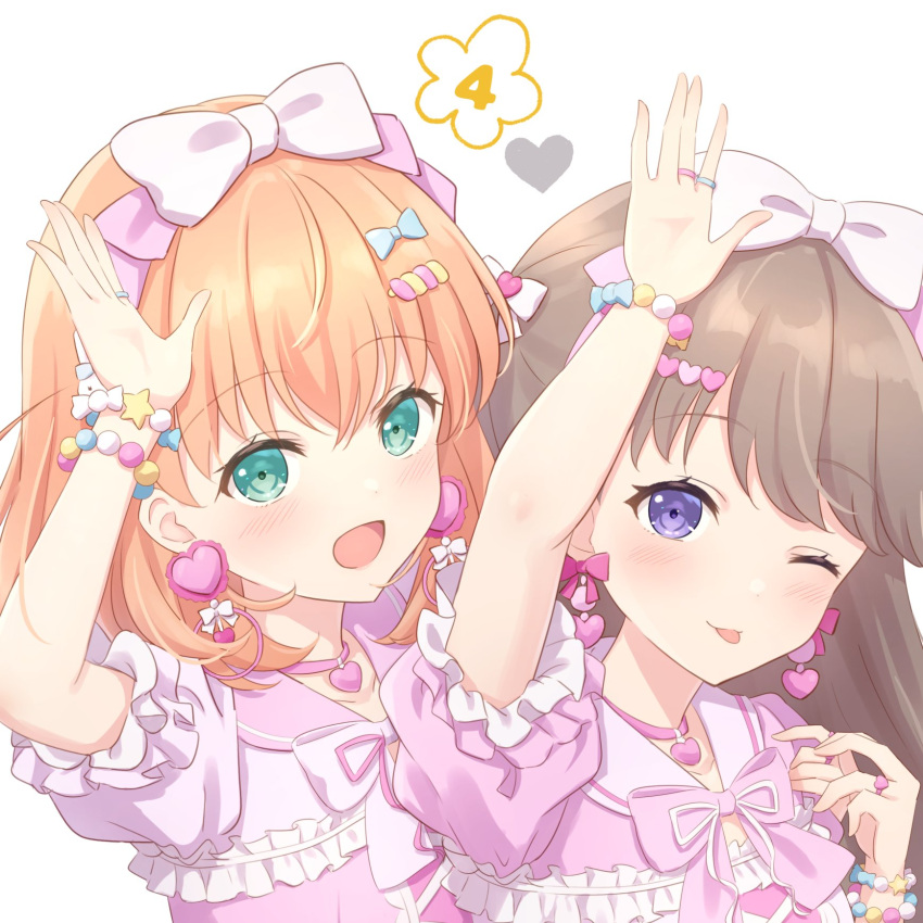 2girls :d ;p aqua_eyes bead_bracelet beads blush bow bow_earrings bow_hairband bowtie bracelet brown_hair choker closed_mouth collarbone commentary crossed_bangs dress earrings flower_(symbol) fujishima_megumi hair_ornament hairband hairclip happy_shijoushugi!_(love_live!) heart heart_choker heart_earrings heart_hair_ornament heart_ring highres hinoshita_kaho jewelry link!_like!_love_live! long_hair looking_at_viewer love_live! medium_hair multiple_girls one_eye_closed open_mouth orange_hair pink_bow pink_bowtie pink_choker pink_dress pink_hairband puffy_short_sleeves puffy_sleeves purple_eyes rabbit_pose ring short_sleeves simple_background smile star_bracelet symbol-only_commentary tongue tongue_out two_side_up upper_body white_background white_bow yutuki_ame