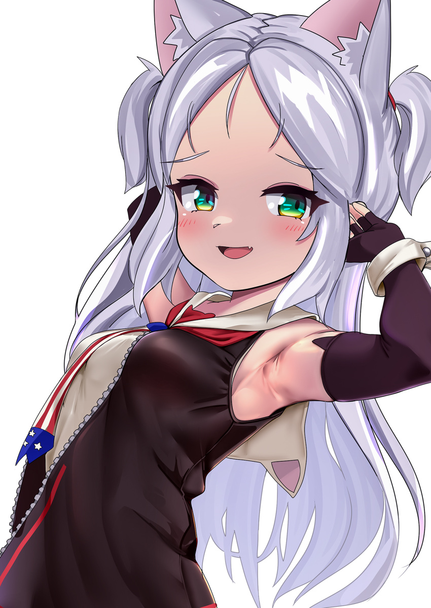 1girl animal_ear_fluff animal_ears armpits azur_lane black_gloves black_vest blush dedorudy dress gloves green_eyes highres long_hair looking_to_the_side necktie open_mouth simple_background sims_(azur_lane) solo vest white_background white_dress white_hair
