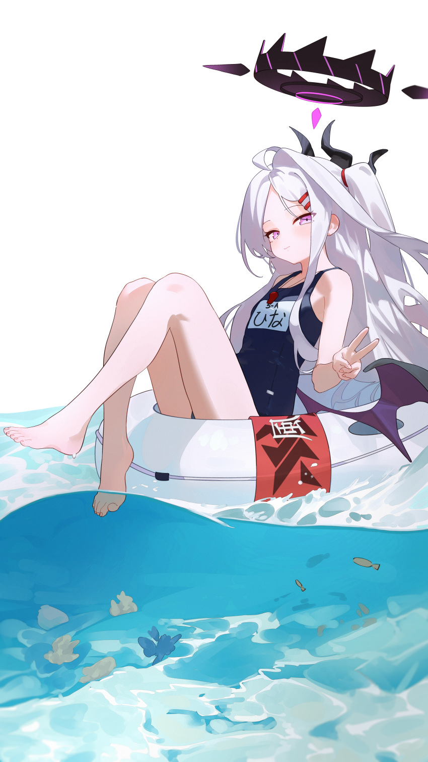 1girl absurdres bare_arms bare_legs bare_shoulders barefoot black_horns black_one-piece_swimsuit blue_archive blush closed_mouth demon_horns demon_wings eco_376124 grey_hair halo highres hina_(blue_archive) hina_(swimsuit)_(blue_archive) horns innertube long_hair looking_at_viewer multiple_horns official_alternate_costume one-piece_swimsuit purple_eyes purple_wings school_swimsuit solo swim_ring swimsuit toes v water wings