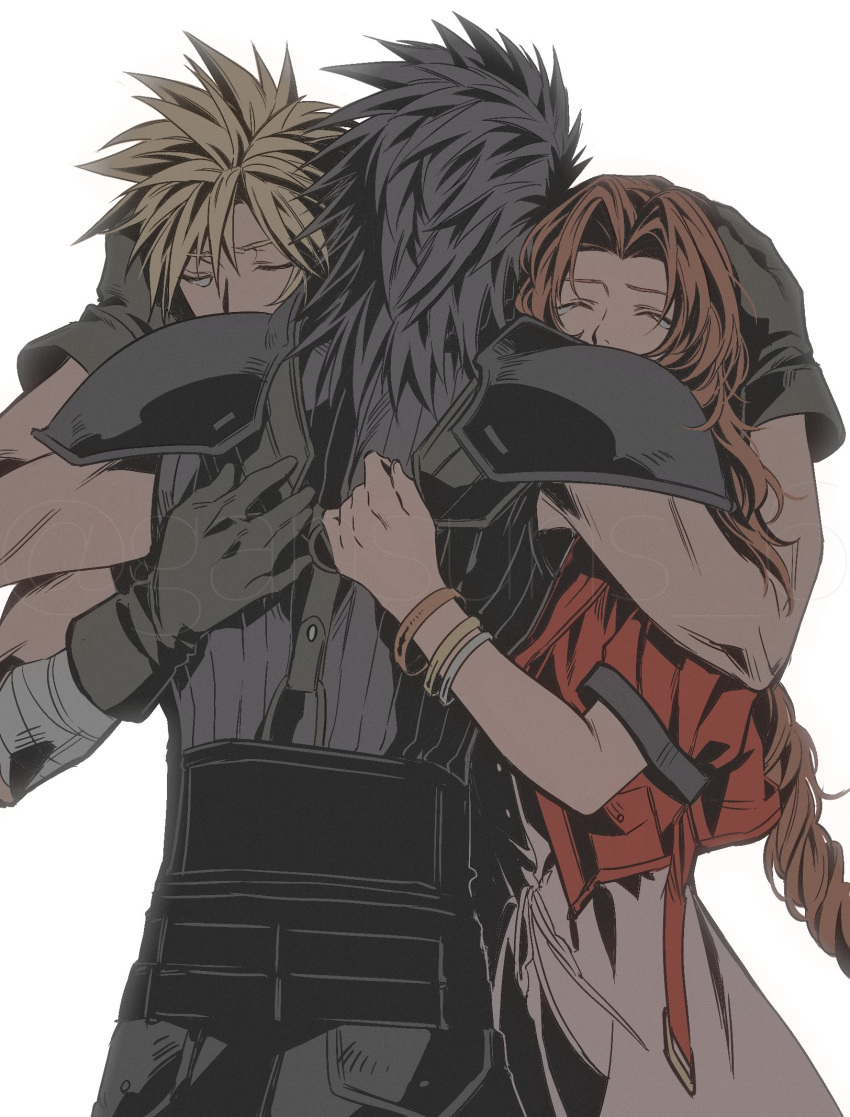1girl 2boys aerith_gainsborough armor bandaged_arm bandages belt black_belt black_gloves black_hair black_pants black_sweater blonde_hair bracelet brown_hair closed_eyes cloud_strife dress final_fantasy final_fantasy_vii final_fantasy_vii_remake gloves group_hug hand_on_another's_back hand_on_another's_head highres hug jacket jewelry long_hair multiple_belts multiple_boys muted_color open_clothes open_jacket pants parted_bangs pauldrons pink_dress red_jacket roku_(gansuns) short_hair short_sleeves shoulder_armor simple_background sleeveless sleeveless_sweater spiked_hair standing suspenders sweater tearing_up upper_body very_long_hair wavy_hair white_background zack_fair