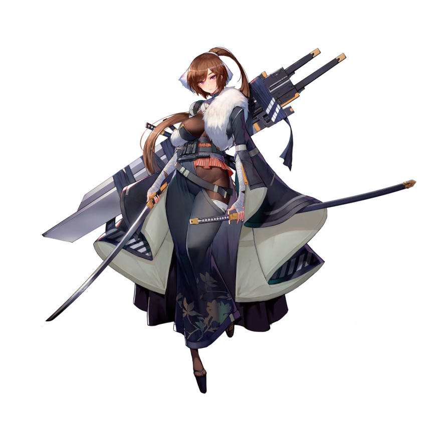 1girl arm_wrap artist_request aya_kujyou_(final_gear) black_coat black_dress black_sleeves bodysuit brown_bodysuit brown_hair brown_socks closed_mouth coat collar covered_navel dress dual_wielding final_gear floral_print_dress full_body fur-trimmed_coat fur_trim hair_ribbon half_updo hand_wraps high_ponytail highres holding katana knife leg_up leg_wrap light_frown lips long_sleeves looking_to_the_side official_art ponytail pouch purple_eyes ribbon simple_background socks solo sword tabi tachi-e third-party_source transparent_background weapon white_fur white_ribbon