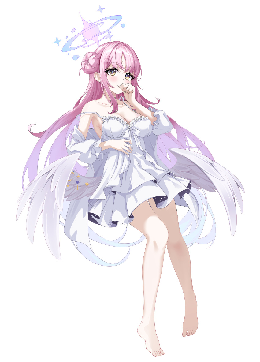 1girl absurdres angel_wings blue_archive blush breasts cleavage closed_mouth collarbone commentary crescent crescent_pin dress feathered_wings full_body halo highres jacket long_hair long_sleeves medium_breasts mika_(blue_archive) open_clothes open_jacket pink_hair pink_halo simple_background smile solo white_background white_dress white_jacket white_wings wings wstmlisa yellow_eyes