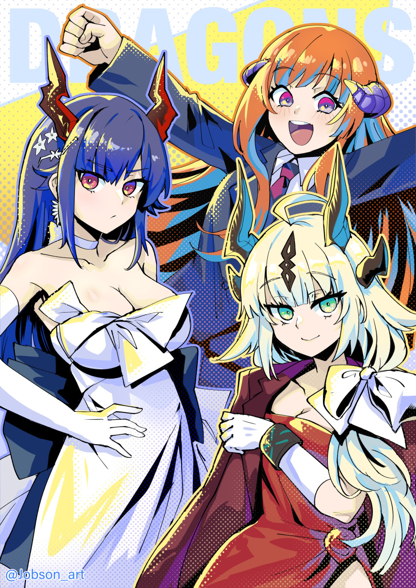 3girls :d absurdres alternate_costume arknights bagpipe_(arknights) blonde_hair blue_hair bow breasts ch'en_(arknights) choker cleavage clenched_hand coat coat_on_shoulders commentary cowboy_shot dragon_horns dress gloves hair_bow hand_on_own_hip highres horns infection_monitor_(arknights) large_breasts long_hair looking_at_viewer multiple_girls necktie open_mouth orange_hair outstretched_arms purple_eyes purple_necktie red_coat red_dress reed_(arknights) reed_the_flame_shadow_(arknights) sleepyowl_(jobkung15) smile standing strapless strapless_dress very_long_hair white_bow white_choker white_dress white_gloves