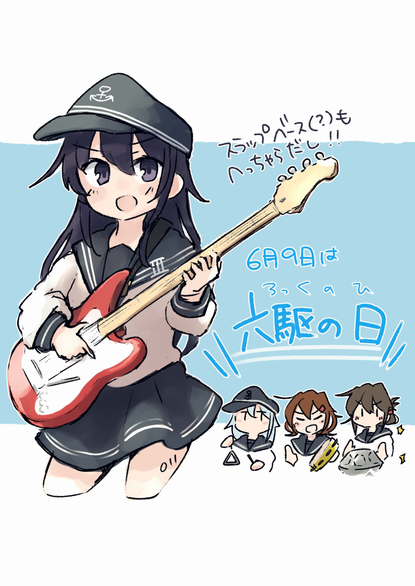 4girls absurdres akatsuki_(kantai_collection) anchor_symbol black_headwear black_sailor_collar black_skirt blush brown_hair cropped_legs electric_guitar eyebrows_visible_through_hair flat_cap folded_ponytail guitar hair_between_eyes hair_ornament hairclip hat hibiki_(kantai_collection) highres ikazuchi_(kantai_collection) inazuma_(kantai_collection) instrument kantai_collection long_hair long_sleeves ma_rukan multiple_girls music neckerchief playing_instrument pleated_skirt purple_eyes purple_hair red_neckwear sailor_collar school_uniform serafuku short_hair signature silver_hair skirt tambourine translation_request triangle_(instrument) v-shaped_eyebrows