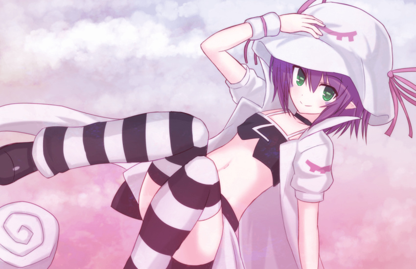 1girl bangs black_choker choker commentary crop_top eyebrows_visible_through_hair facial_mark flat_chest green_eyes hair_between_eyes hand_on_headwear hat hat_ribbon horizontal_pupils looking_at_viewer merry_nightmare midriff navel pink_ribbon pointy_ears puffy_short_sleeves puffy_sleeves purple_hair ribbon short_hair short_sleeves skirt smile solo striped striped_legwear suta_(clusta) thighhighs wristband yumekui_merry