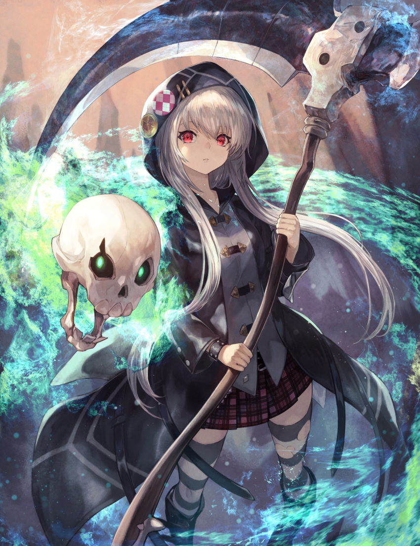 1girl bangs blue_fire character_request closed_mouth fire highres holding holding_weapon hooded_coat long_hair long_sleeves looking_at_viewer othellonia pleated_skirt red_eyes scythe shirataki_jiro silver_hair skirt skull solo striped striped_legwear studded_bracelet thighhighs weapon