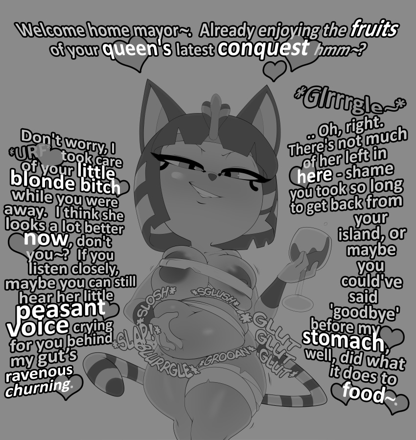 &lt;3 abdominal_bulge absurd_res after_vore alcohol animal_crossing ankha_(animal_crossing) anthro anthro_pred areola barely_visible_genitalia barely_visible_pussy bedroom_eyes belly beverage big_breasts biped black_hair breasts chest_wraps cleavage clothed clothing dialogue digestion dirty_talk domestic_cat egyptian english_text eye_markings eyelashes felid feline felis female female_pred fur genitals glistening glistening_body glistening_fur grey_background grey_body grey_fur greyscale grin hair half-closed_eyes hand_on_stomach hi_res ineffective_clothing leg_wraps long_tail looking_at_viewer mammal markings midriff monochrome multicolored_body multicolored_fur multicolored_hair narrowed_eyes navel nintendo nipple_slip onomatopoeia profanity pussy ringtail rumbling_stomach seductive short_hair short_stack simple_background skimpy smile smug solo sound_effects standing talking_to_viewer text theboogie thick_thighs two_tone_body two_tone_fur two_tone_hair uraeus video_games vore wine wine_glass wraps