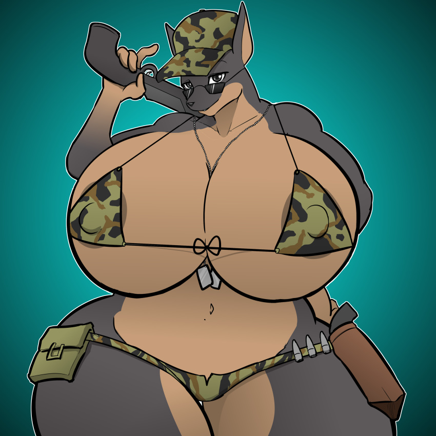 1:1 absurd_res anthro areola big_breasts boots breasts camo camo_bikini camo_print canid canine canis clothing doberman_(species) dobermann dog_tags domestic_dog eyewear female footwear gun hat hayakain headgear headwear hi_res holster holstered_pistol huge_breasts hyper hyper_breasts mammal nipple_outline olyvia_cross_(sexyblaziken) pinscher ranged_weapon shotgun smile solo sunglasses the_bombshells_(sexyblaziken) underwear weapon