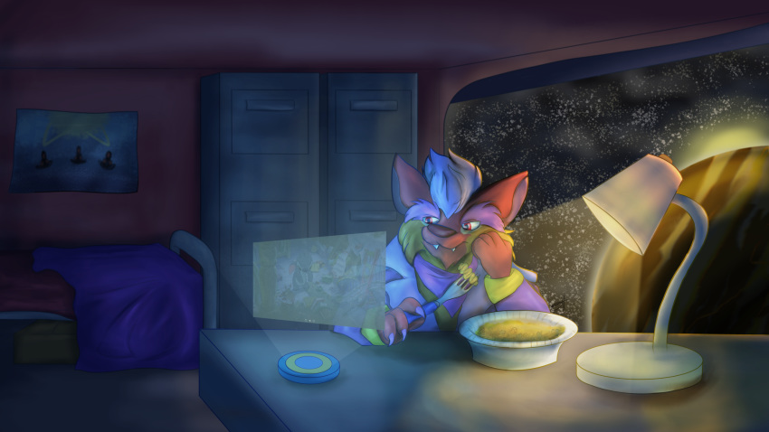 16:9 anthro bed bedroom clothed clothing daniel_ottmaw disney eating food furniture hi_res hyaenid hybrid lamp lilo_and_stitch lutrine male mammal movie_(disambiguation) mustelid ottmaw planet poster science_fiction sitting solo space spacecraft star stitch_(lilo_and_stitch) vehicle widescreen window