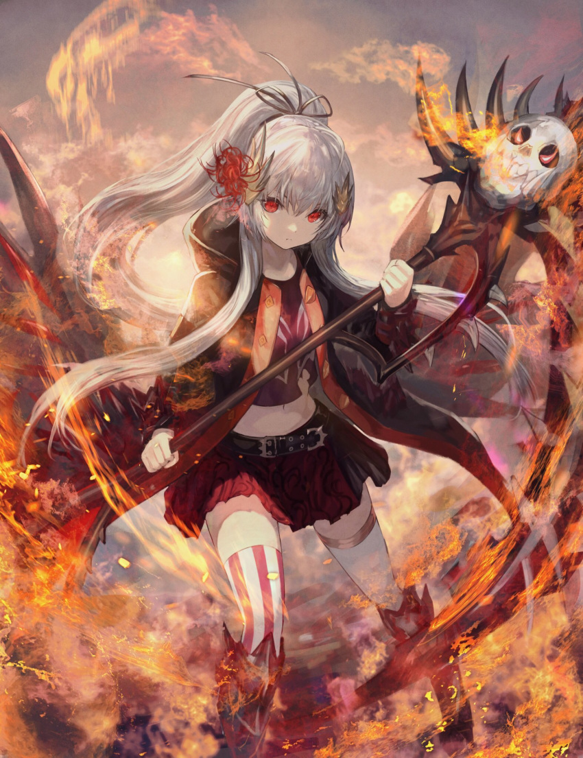 1girl bangs character_request closed_mouth fire flower hair_flower hair_ornament hair_ribbon highres holding holding_weapon long_sleeves looking_at_viewer mismatched_legwear othellonia pale_skin ponytail red_eyes red_skirt ribbon robe scythe shirataki_jiro shirt sidelocks silver_hair skirt solo spider_lily t-shirt thighhighs weapon