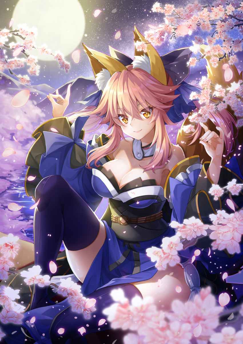 1girl absurdres animal_ear_fluff animal_ears bare_shoulders blue_kimono blue_legwear blue_ribbon breasts cherry_blossoms cleavage commentary commentary_request detached_sleeves double_fox_shadow_puppet eyebrows_visible_through_hair fate/extella fate/extra fate/extra_ccc fate/grand_order fate_(series) fox_ears fox_girl fox_shadow_puppet fox_tail full_moon hair_ribbon highres japanese_clothes kanna_(chaos966) kimono large_breasts looking_at_viewer moon mountain nature night night_sky pink_hair ribbon sky solo tail tamamo_(fate)_(all) tamamo_no_mae_(fate) yellow_eyes