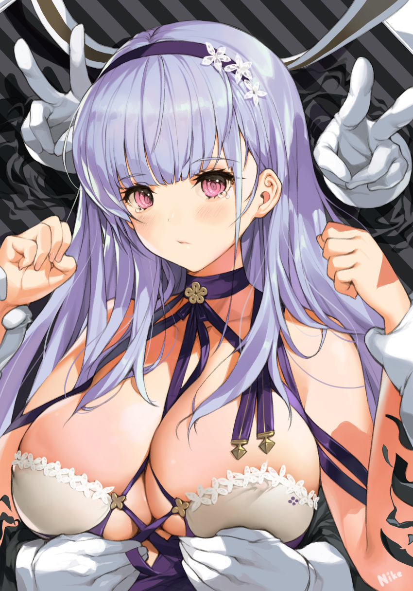 1girl absurdres artist_name azur_lane bare_shoulders blush breasts cleavage criss-cross_halter dido_(anxious_bisque_doll)_(azur_lane) dido_(azur_lane) disembodied_limb double_v dress eyebrows_visible_through_hair gloves hair_ornament hairband halter_dress halterneck highres large_breasts long_dress looking_at_viewer multiple_hands nike1060 purple_dress purple_hair purple_hairband purple_headband skindentation v white_gloves