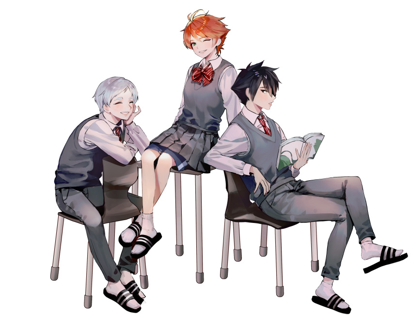 1girl 2boys ;) ahoge bangs black_eyes black_footwear black_hair blush book bow bowtie chair closed_eyes collar collared_shirt commentary_request emma_(yakusoku_no_neverland) eyebrows_visible_through_hair flip-flops from_side full_body green_eyes grey_skirt grey_vest hahahanon hair_between_eyes hair_over_one_eye highres holding holding_book long_sleeves looking_at_viewer multiple_boys necktie norman_(yakusoku_no_neverland) one_eye_closed open_book orange_hair parted_lips ray_(yakusoku_no_neverland) red_bow red_neckwear sandals school_uniform shirt short_hair shorts shorts_under_skirt silver_hair simple_background sitting skirt smile socks table thick_eyebrows uniform vest white_legwear white_shirt yakusoku_no_neverland