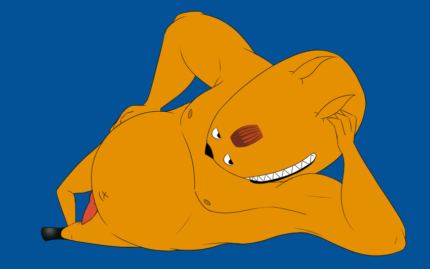 blue_background bob-jiggles demon flat_colors genitals glottis_(grim_fandango) grim_fandango grin hand_on_head hand_on_stomach hi_res hooves humanoid humanoid_pointy_ears knot lying male navel nipples on_side penis sharp_teeth simple_background slightly_chubby smile solo teeth