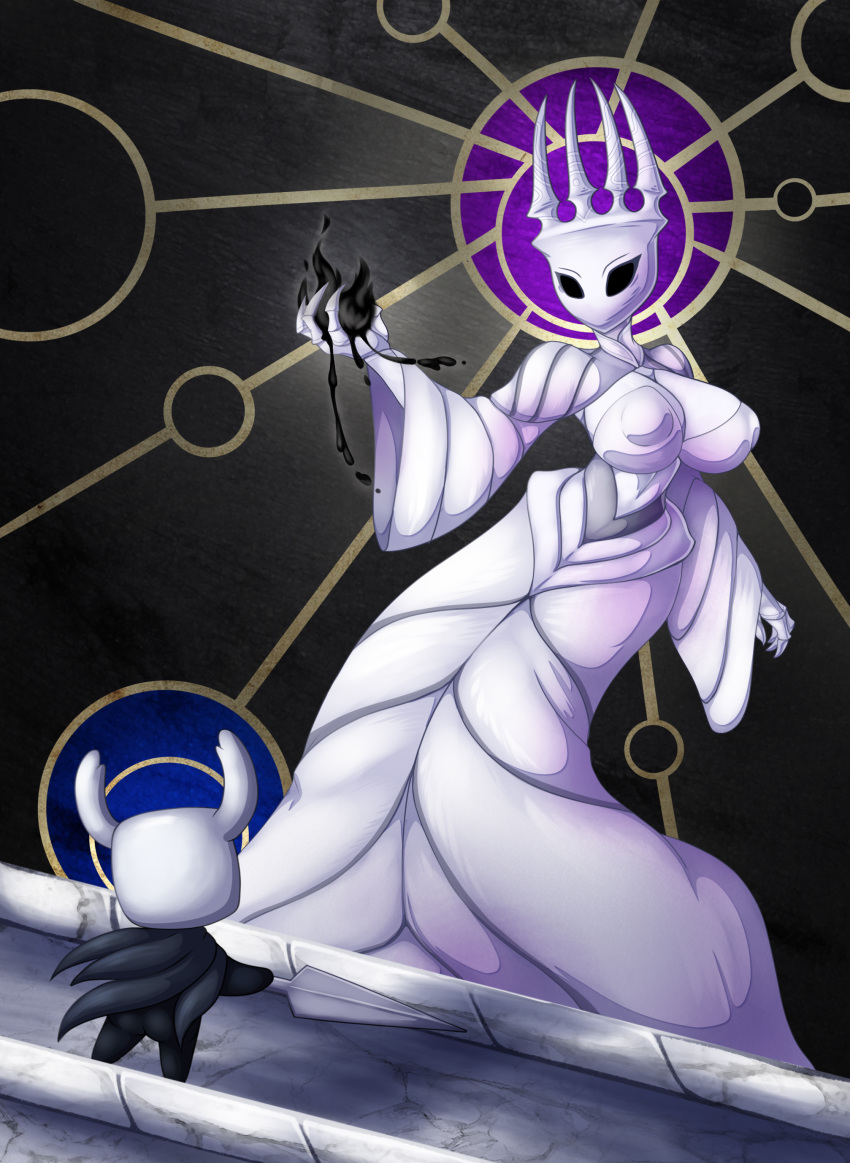 2020 absurd_res anthro arthropod artist-apprentice587 clothing dress duo featureles female hi_res hollow_knight insect male male/female protagonist_(hollow_knight) size_difference team_cherry video_games weapon