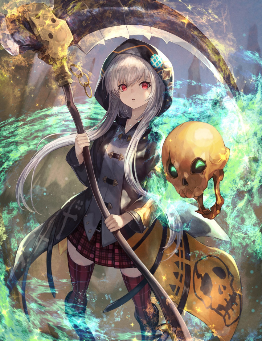 1girl bangs blue_fire character_request fire highres holding holding_weapon hooded_coat long_hair long_sleeves looking_at_viewer othellonia parted_lips pleated_skirt red_eyes red_legwear scythe shirataki_jiro silver_hair skirt skull solo thighhighs weapon