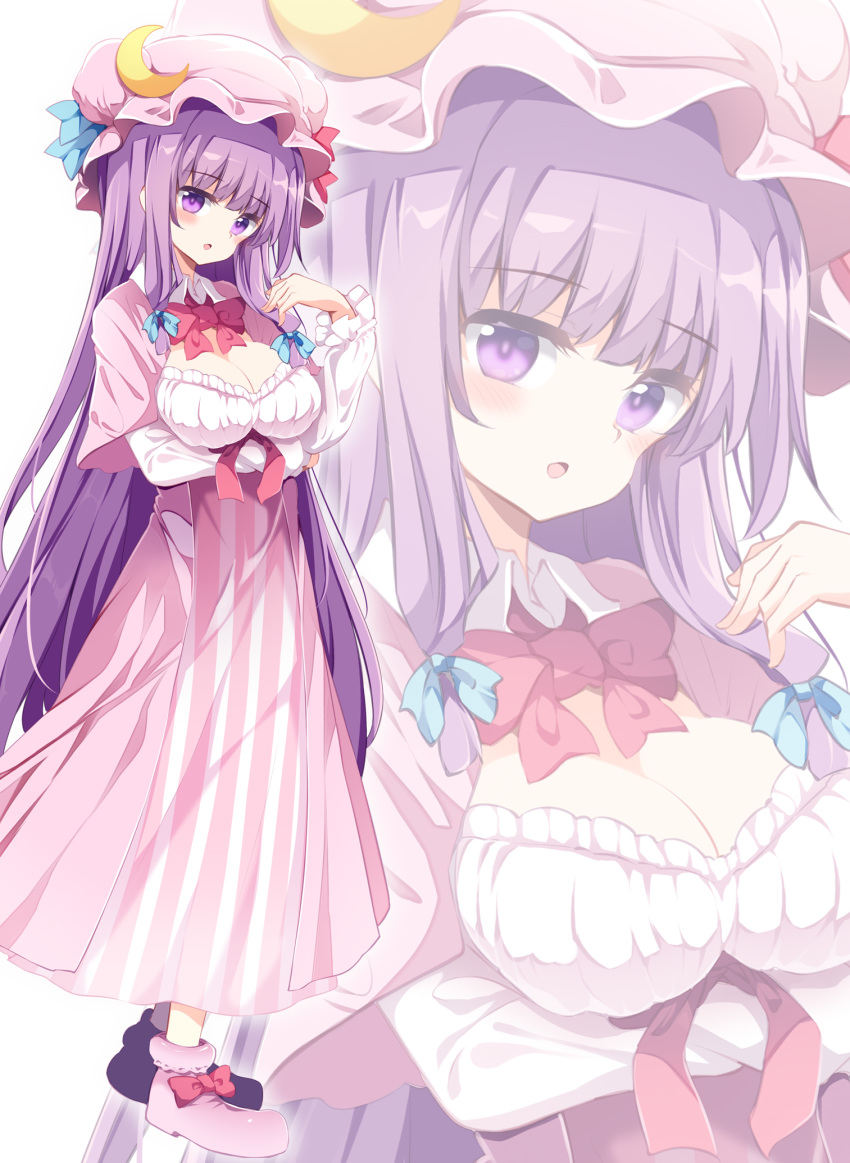 1girl bangs blue_bow blush bow bowtie breast_hold breasts cleavage crescent crescent_hair_ornament dress eyebrows_visible_through_hair hair_bow hair_ornament hat hat_bow highres large_breasts long_hair long_sleeves looking_at_viewer maturiuta_sorato mob_cap parted_lips patchouli_knowledge pink_dress pink_footwear pink_headwear purple_eyes purple_hair red_bow shoes solo standing striped touhou vertical-striped_dress vertical_stripes very_long_hair white_background zoom_layer