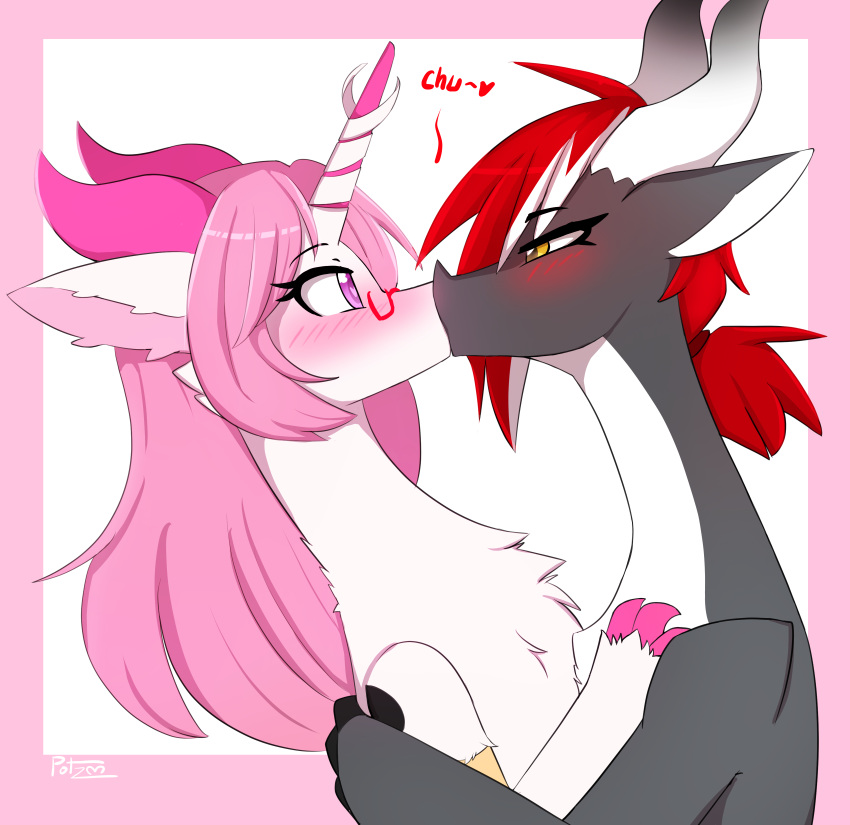 2_horns 3_claws 3_horns absurd_res black_claws blush claws darkpotzm dragon duo eye_contact eyewear fur furred_dragon glasses hair hi_res highlights_(coloring) horn kissing looking_at_another monotone_hair multi_horn pink_claws pink_hair pink_horn red_hair side_view white_body white_fur white_highlights white_horn