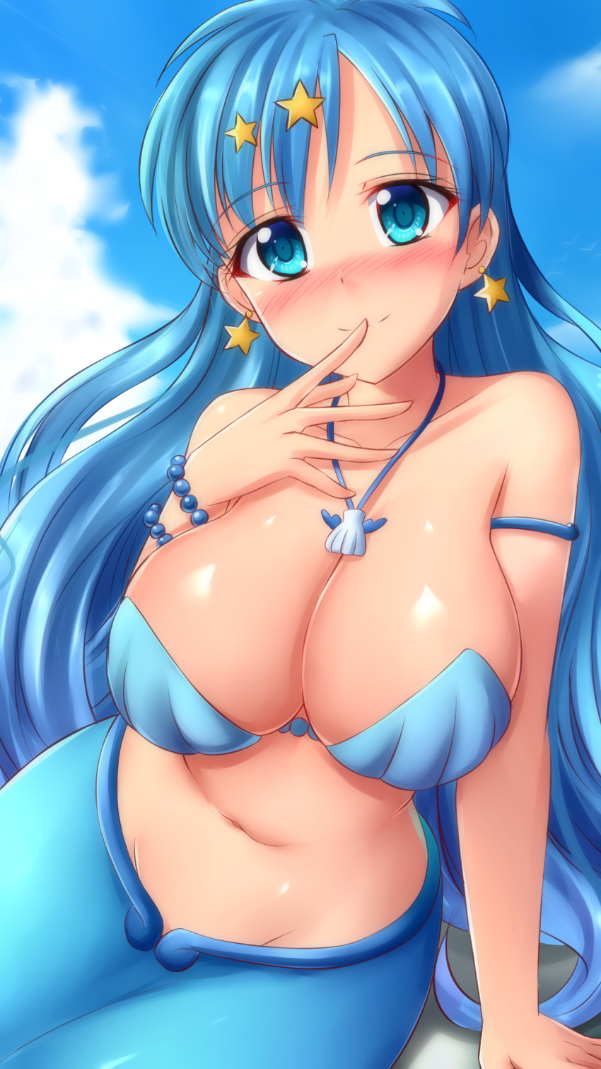 1girl arm_support armlet bangs blue_eyes blue_hair blue_sky blush bracelet breasts cleavage cloud collarbone commentary_request cowboy_shot day earrings eyebrows_visible_through_hair finger_to_mouth groin hair_between_eyes hair_ornament highres houshou_hanon jewelry large_breasts long_hair looking_at_viewer mermaid mermaid_melody_pichi_pichi_pitch midriff monster_girl navel necklace nose_blush pearl_bracelet shadow shell shell_bikini shell_necklace shiny shiny_skin sidelocks sitting sky skywalker0610 smile solo star_(symbol) star_earrings star_hair_ornament