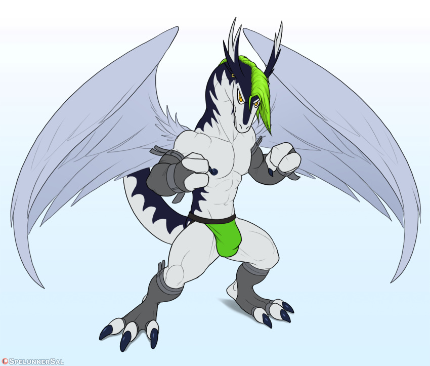 2020 3_fingers 3_toes abs anthro armwear blue_body blue_claws blue_scales blue_tail bulge claws clothed clothing digital_media_(artwork) dragon ear_piercing ear_ring elbow_gloves feathered_wings feathers fighting_pose fingerless_gloves fingers front_view full-length_portrait gloves green_clothing green_hair green_underwear hair handwear jockstrap legwear looking_at_viewer male multicolored_body multicolored_scales multicolored_tail muscular muscular_male patreon pecs piercing portrait pose scales scalie simple_background socks solo spelunker_sal standing stirrup_socks toe_claws toes topless two_tone_body two_tone_scales two_tone_tail underwear white_background white_body white_feathers white_scales white_tail white_wings wings yellow_eyes