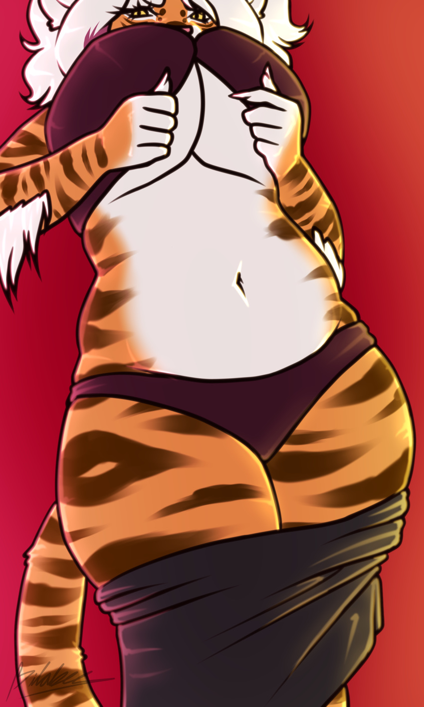3:5 absurd_res anthro big_breasts bilabee biped bottomwear bra_lift breasts buxbi_(character) clothed clothing clothing_lift curvy_figure digital_media_(artwork) felid female fur hair hi_res huge_breasts looking_at_viewer mammal pantherine panties simple_background skirt slightly_chubby solo stripes thick_thighs tiger topwear under_boob underwear undressing voluptuous white_body white_fur white_hair wide_hips