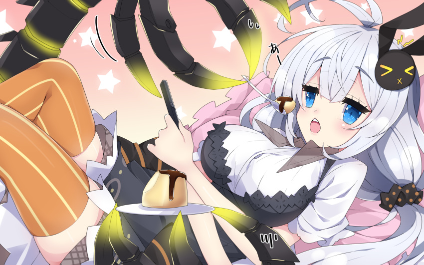 &gt;_&lt; 1girl antenna_hair bangs black_scrunchie blue_eyes blush breasts brown_background bunny_hair_ornament commentary_request dress eyebrows_visible_through_hair feeding feet_out_of_frame food gradient gradient_background grey_dress hair_between_eyes hair_ornament hair_scrunchie highres holding holding_spoon kizuna_akari large_breasts long_hair low_twintails milkpanda open_mouth orange_legwear plate polka_dot polka_dot_scrunchie puddle scrunchie shirt short_sleeves silver_hair solo spoon starry_background striped striped_legwear thighhighs twintails upper_teeth vertical-striped_legwear vertical_stripes very_long_hair voiceroid white_shirt