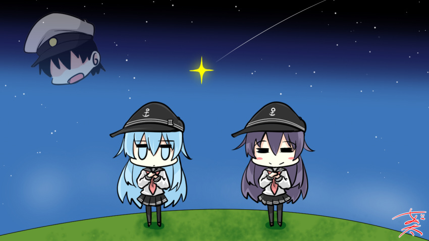 2girls akatsuki_(kantai_collection) anchor_symbol artist_name blue_hair blush chibi closed_mouth commentary commentary_request doubutsu_no_mori flat_cap floating floating_head grass hair_between_eyes hat hibiki_(kantai_collection) kantai_collection long_hair long_sleeves looking_at_viewer messy_hair multiple_girls neckerchief night nyonyonba_tarou open_mouth outdoors pleated_skirt purple_hair red_neckwear school_uniform serafuku shinkaisei-kan skirt sky star_(sky)