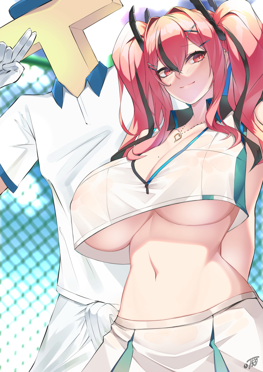 1boy 1girl absurdres apj azur_lane black_hair breasts bremerton_(azur_lane) bremerton_(scorching-hot_training)_(azur_lane) chain-link_fence cleavage commander_(azur_lane) covered_nipples crop_top crop_top_overhang fence gloves hair_ornament hairclip hat heart heart_necklace highres large_breasts midriff mole mole_on_breast mole_under_eye multicolored_hair red_eyes red_hair shirt short_sleeves sleeveless sleeveless_shirt sportswear streaked_hair t-head_admiral tennis_uniform twintails two-tone_shirt two-tone_skirt underboob x_hair_ornament