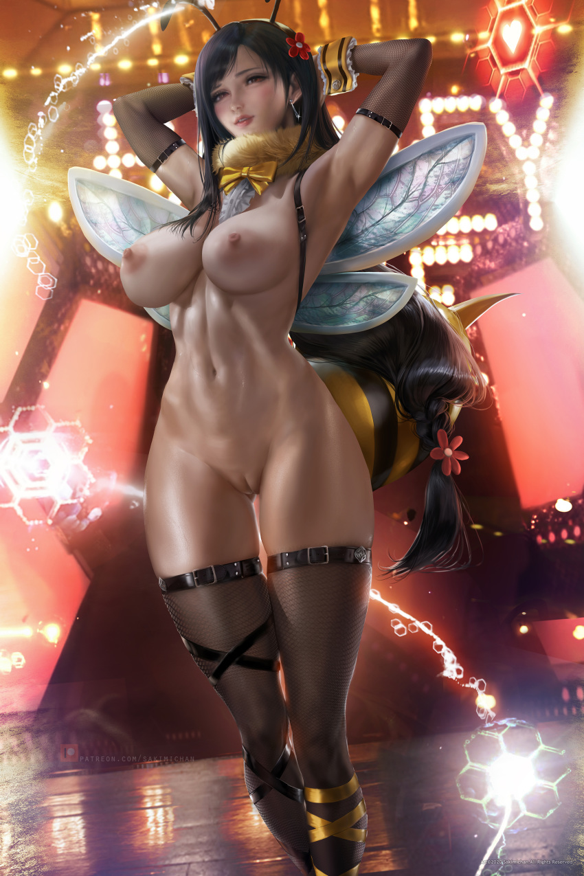 1girl absurdres armpits arms_behind_head arms_up banned_artist bee_costume black_hair black_legwear blush bow bowtie breasts closed_mouth detached_sleeves earrings fake_antennae fake_wings feet_out_of_frame final_fantasy final_fantasy_vii final_fantasy_vii_remake fishnet_legwear fishnet_sleeves fishnets flower fur_collar glowing hair_flower hair_ornament highleg highres jewelry large_breasts long_hair looking_at_viewer low-tied_long_hair navel nipples nude paid_reward patreon_reward photoshop_(medium) pussy red_eyes red_flower ribbon sakimichan smile solo stage stage_lights standing stinger stomach thighhighs tifa_lockhart very_long_hair white_ribbon wings wrist_cuffs yellow_bow yellow_neckwear
